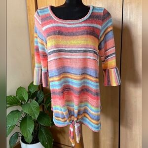 Vintage Y2K Rainbow Striped Tie-Hem Ruffled Sleeves Lightweight Knit Tunic Top